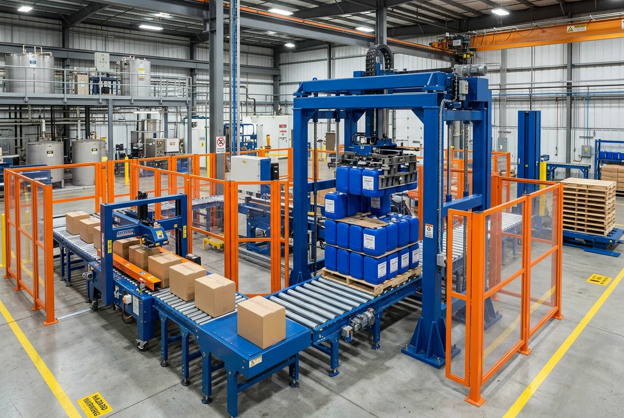 Lanzhou Lanxing Chemicals — Oil-jug erecting-packing-sealing line with gantry palletizing